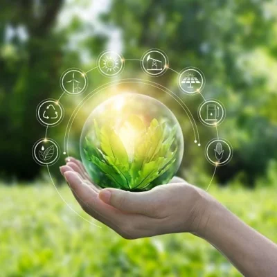 Hands protecting globe of green tree Hands protecting globe of green tree